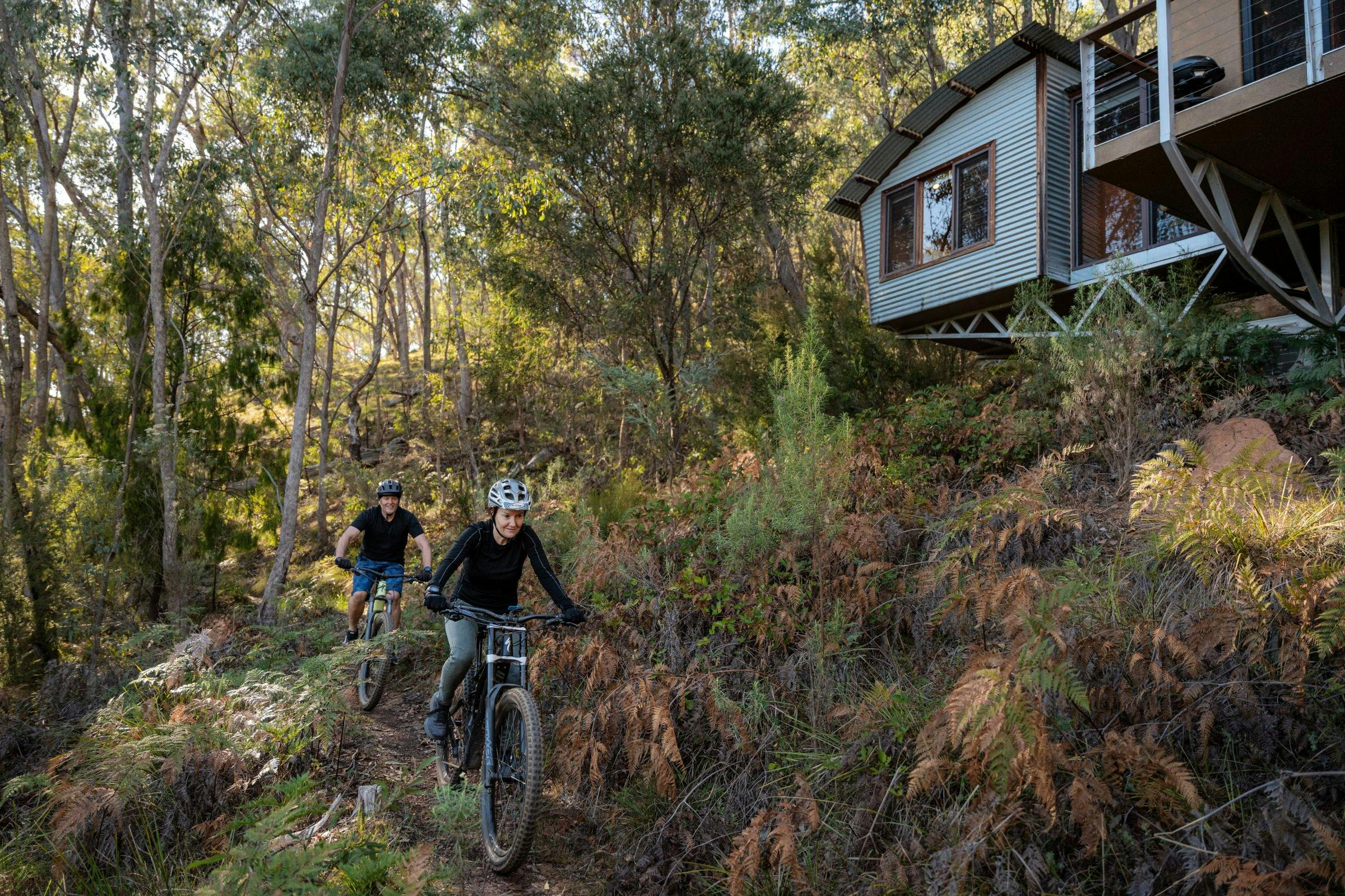 Two people mountain biking on the Odd Frog Trail with Treehouse 2 visible above the track