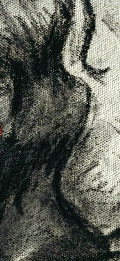 Detail image of charcoal portrait of a female with read cheeks.