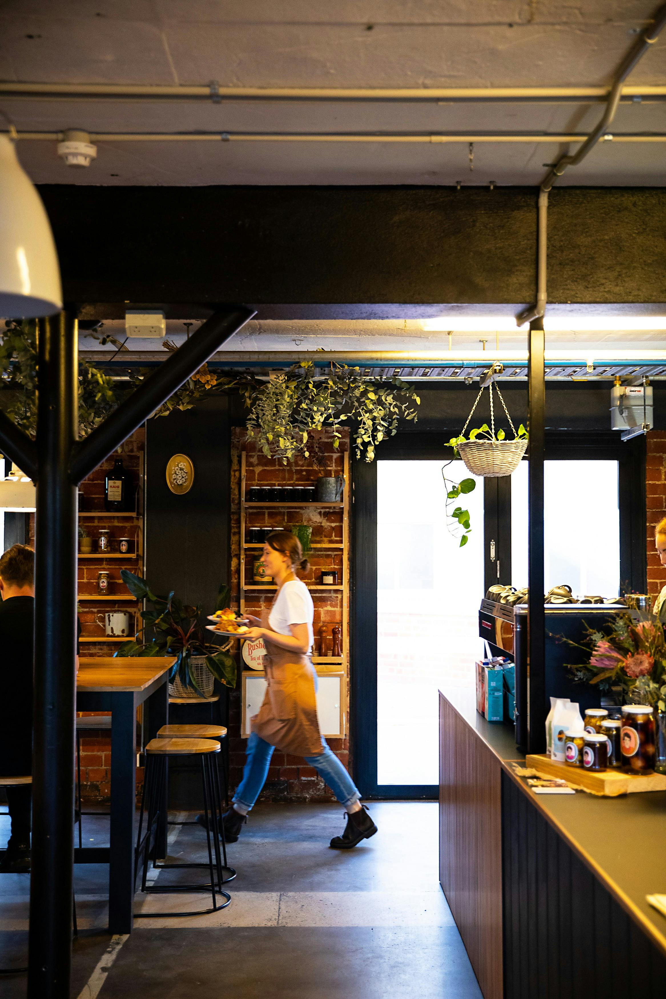 A wide shot of the cafe space