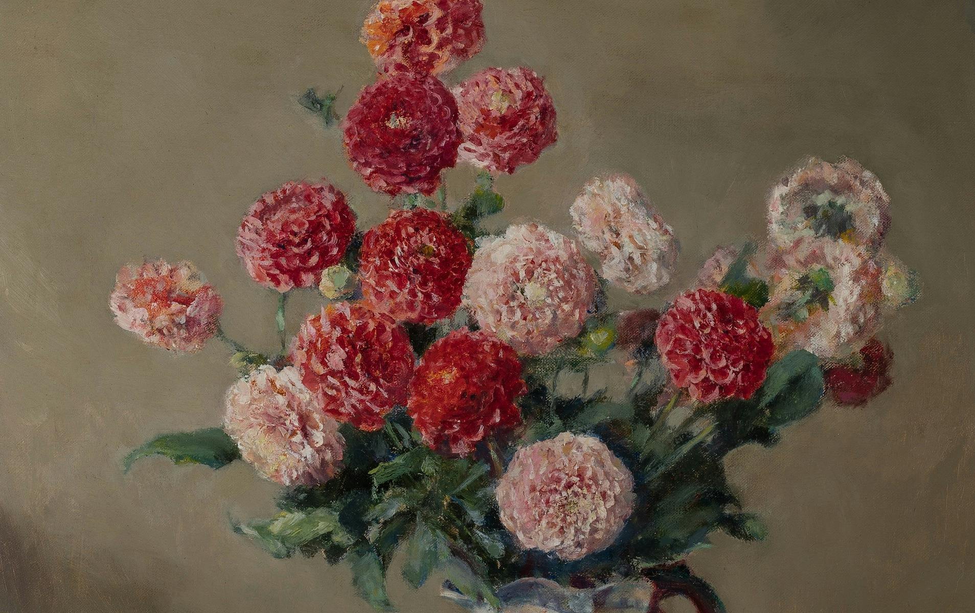 Pink and red dahlias painted on a neutral ground