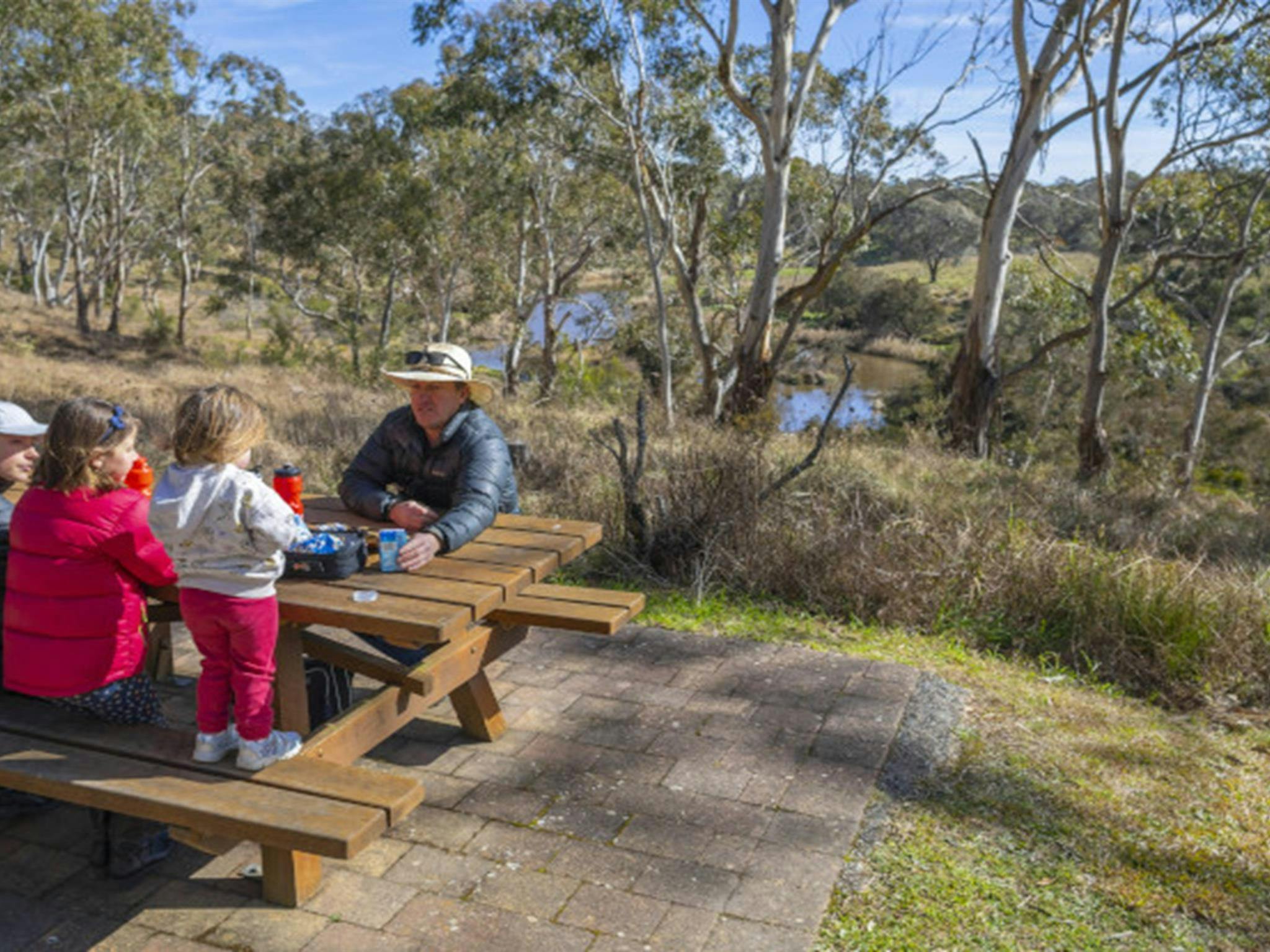 Family sitting at picnic table at Apsley Falls picnic area Oxley Wild Rivers National Park. Photo: