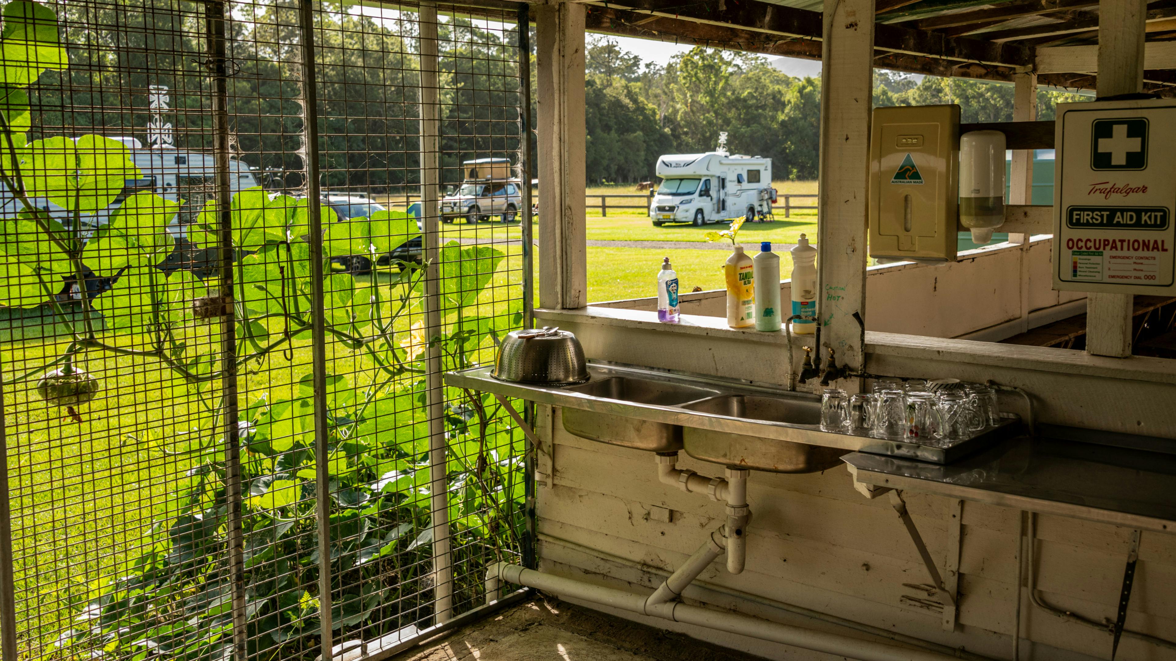 Camp kitchen sink with a view