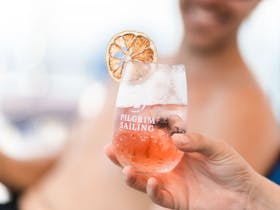 Non-alcoholic drink - pale pink with orange and blueberry garnish