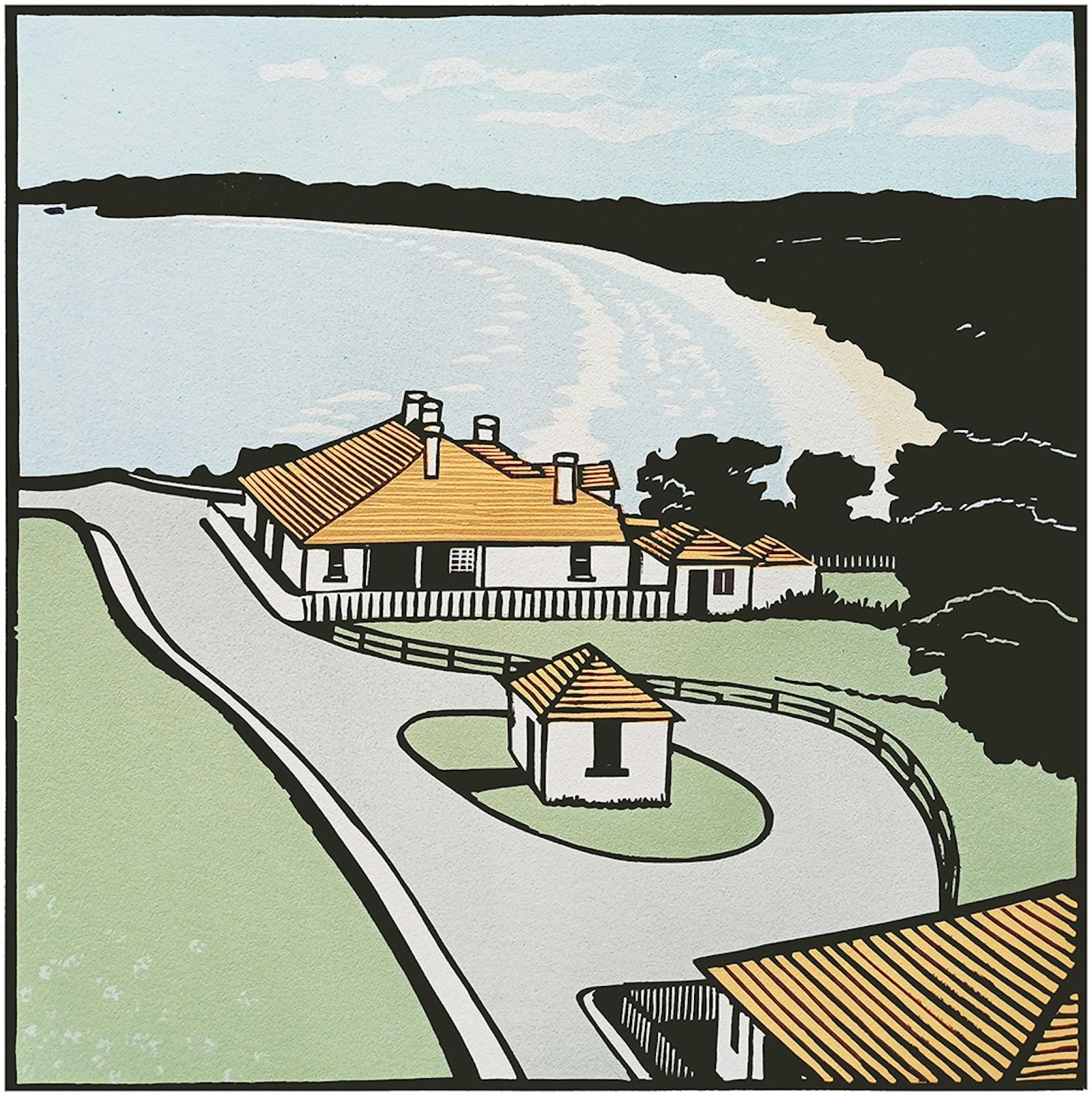 Carlton Cox Artwork - Blenheim Gallery and Garden - Tasmanian Linocut Artwork of View