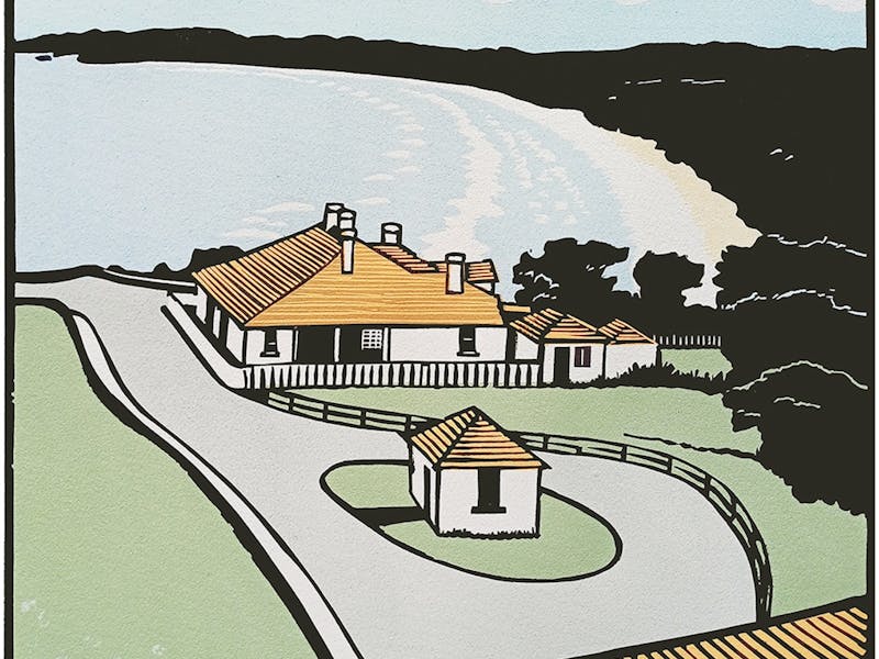 Carlton Cox Artwork - Blenheim Gallery and Garden - Tasmanian Linocut Artwork of View