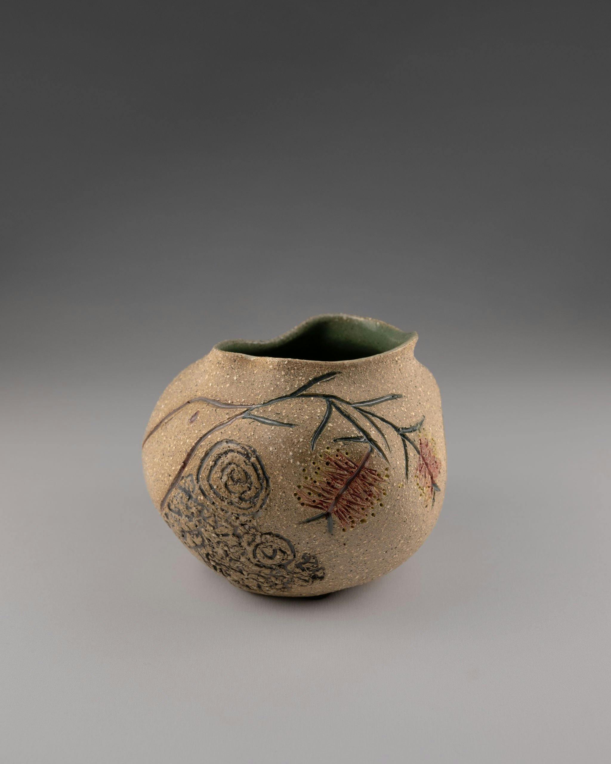 Stoneware, wheel thrown, carved and painted