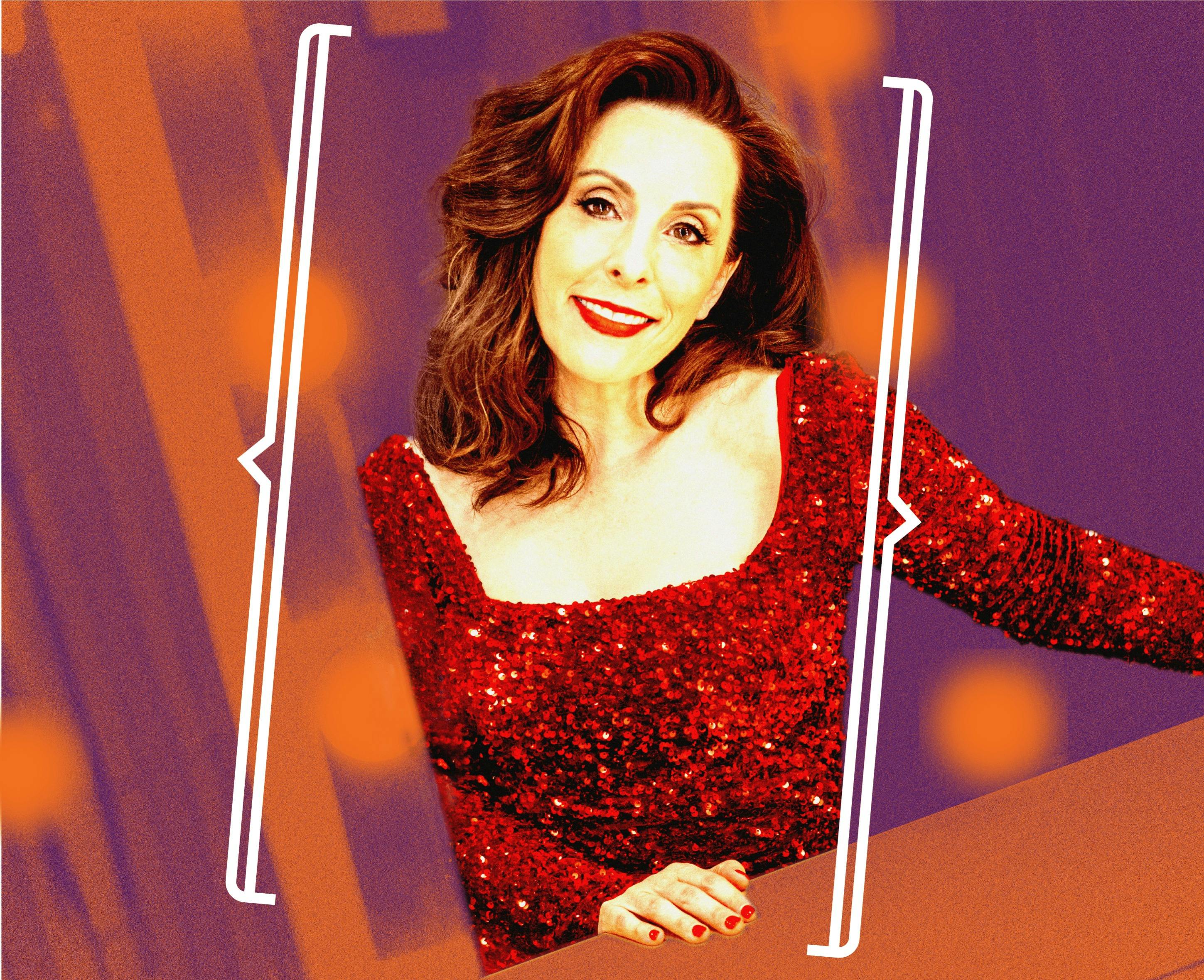 woman in red dress in front of a purple background