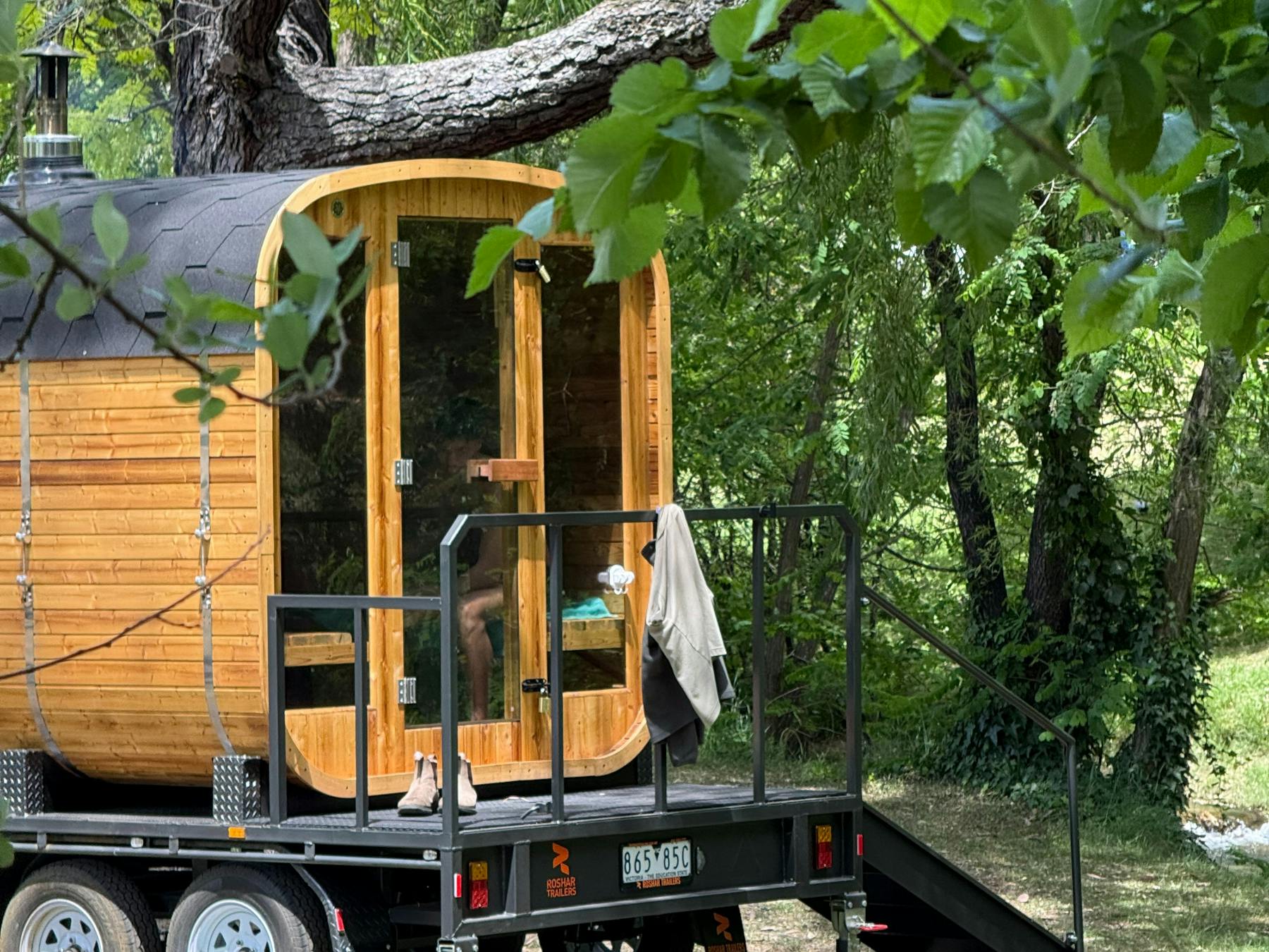 Timber mobile sauna in Bright overlooking Morses Creek, nestled in bushland for a relaxing retreat