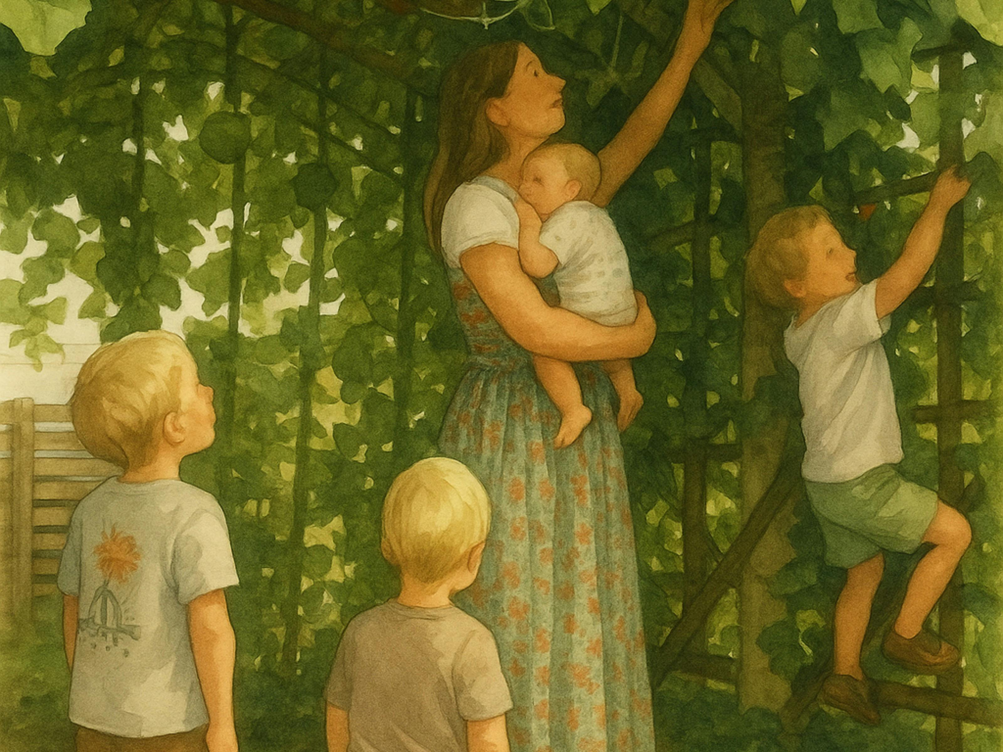 A mother holding a baby reaches up to pick a chokoe while two boys look on and one climbs the fence