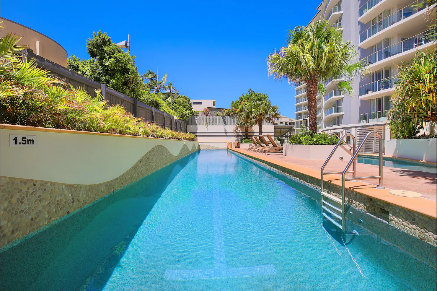 Heated lap pool for exercise or fun. Little ones love the Recreation pool's shallow wading end