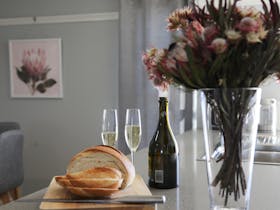 Bread and champagne in the kitchen