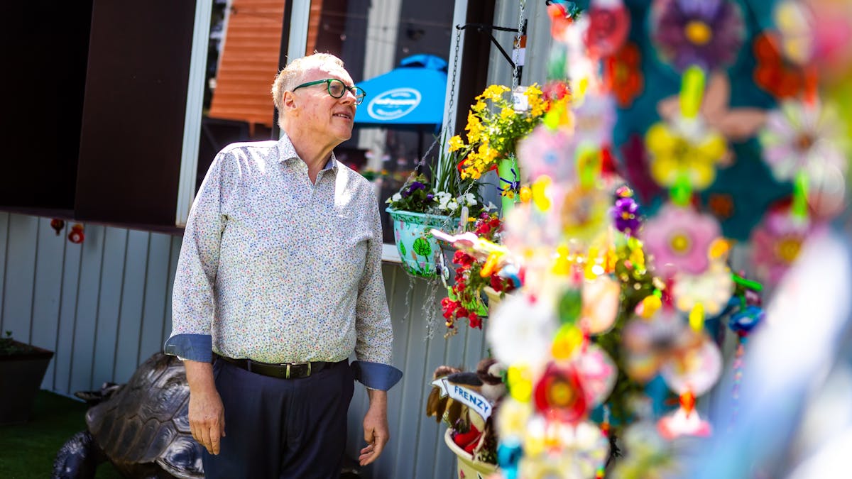 Man admires row of colourful hanging pot plants. Man admires row of colourful hanging pot plants.