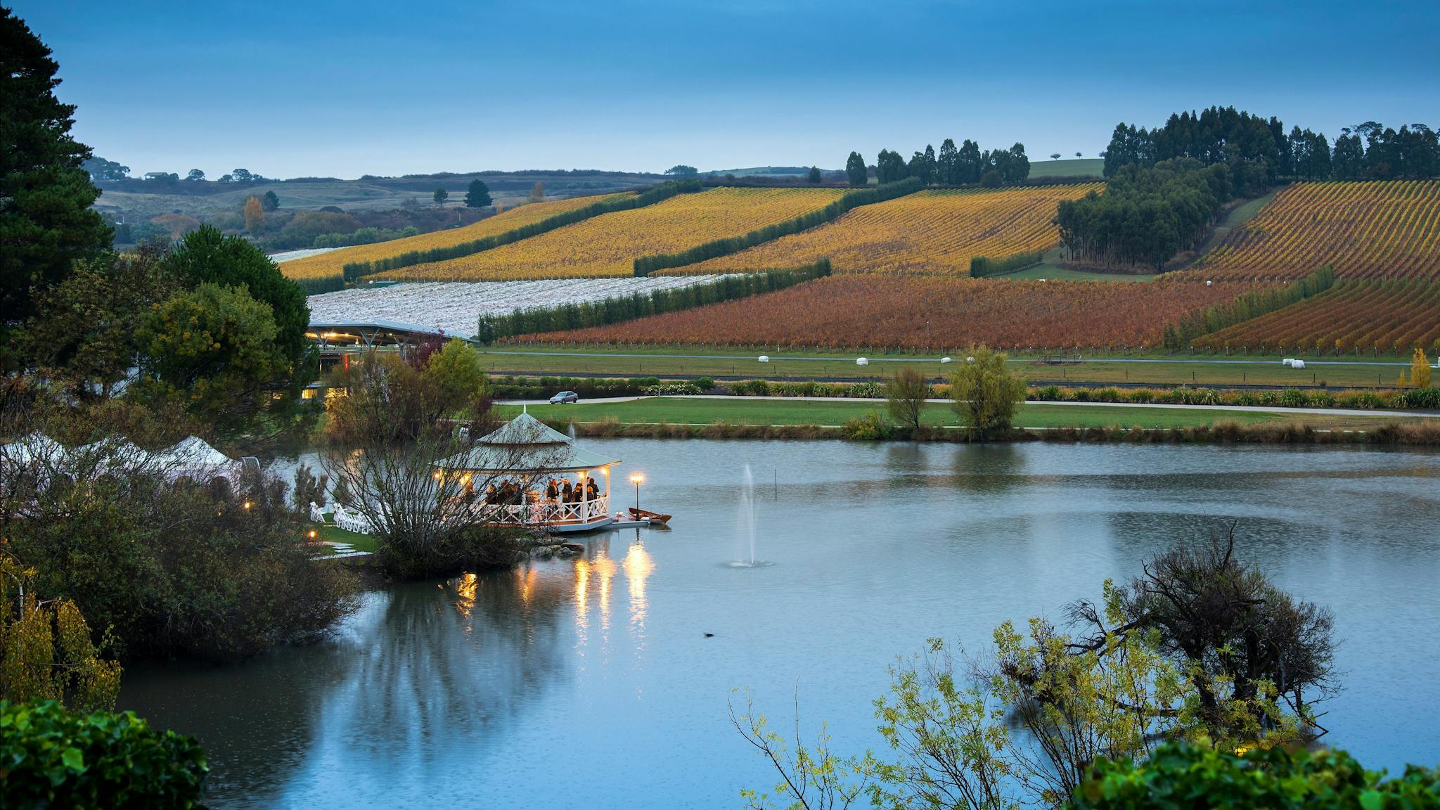 Lakeside pavilion, autumn, Tasmanian winery