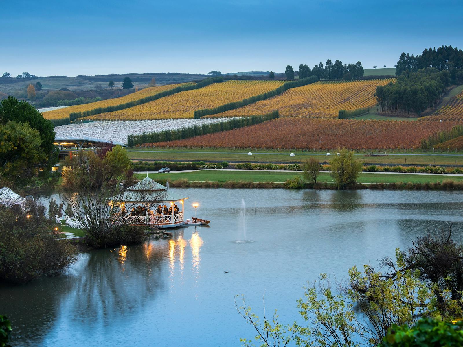 Lakeside pavilion, autumn, Tasmanian winery