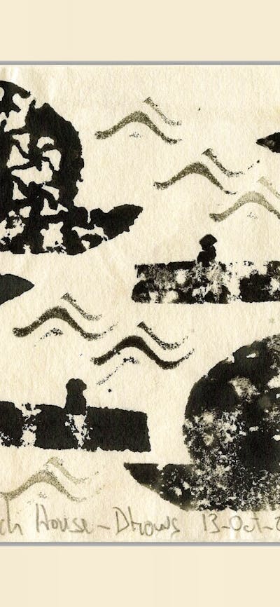 Print of four sail boats in the water carved using a thong and printed in black ink on paper
