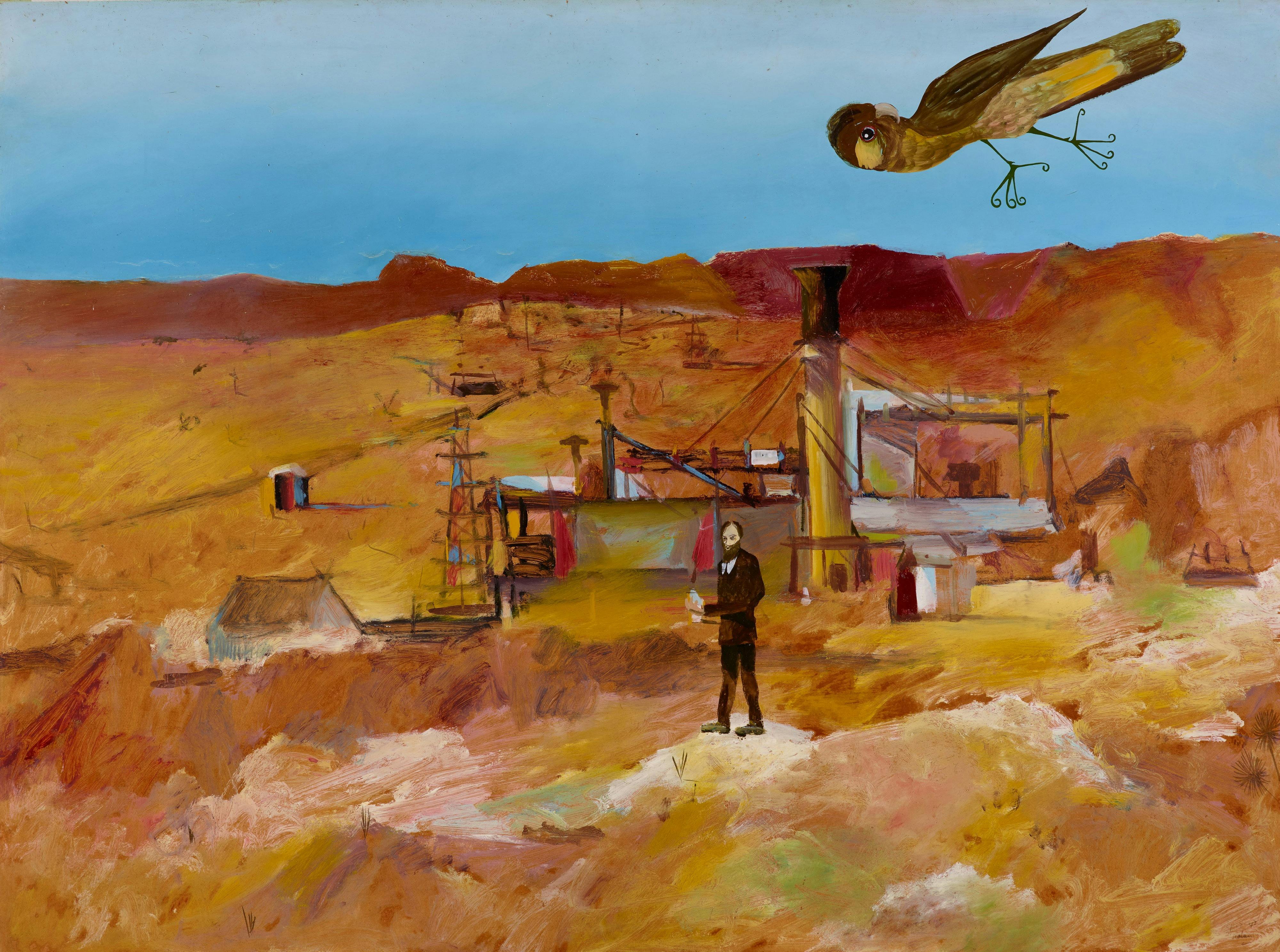 Australian desert lanscape with parrot and man standing