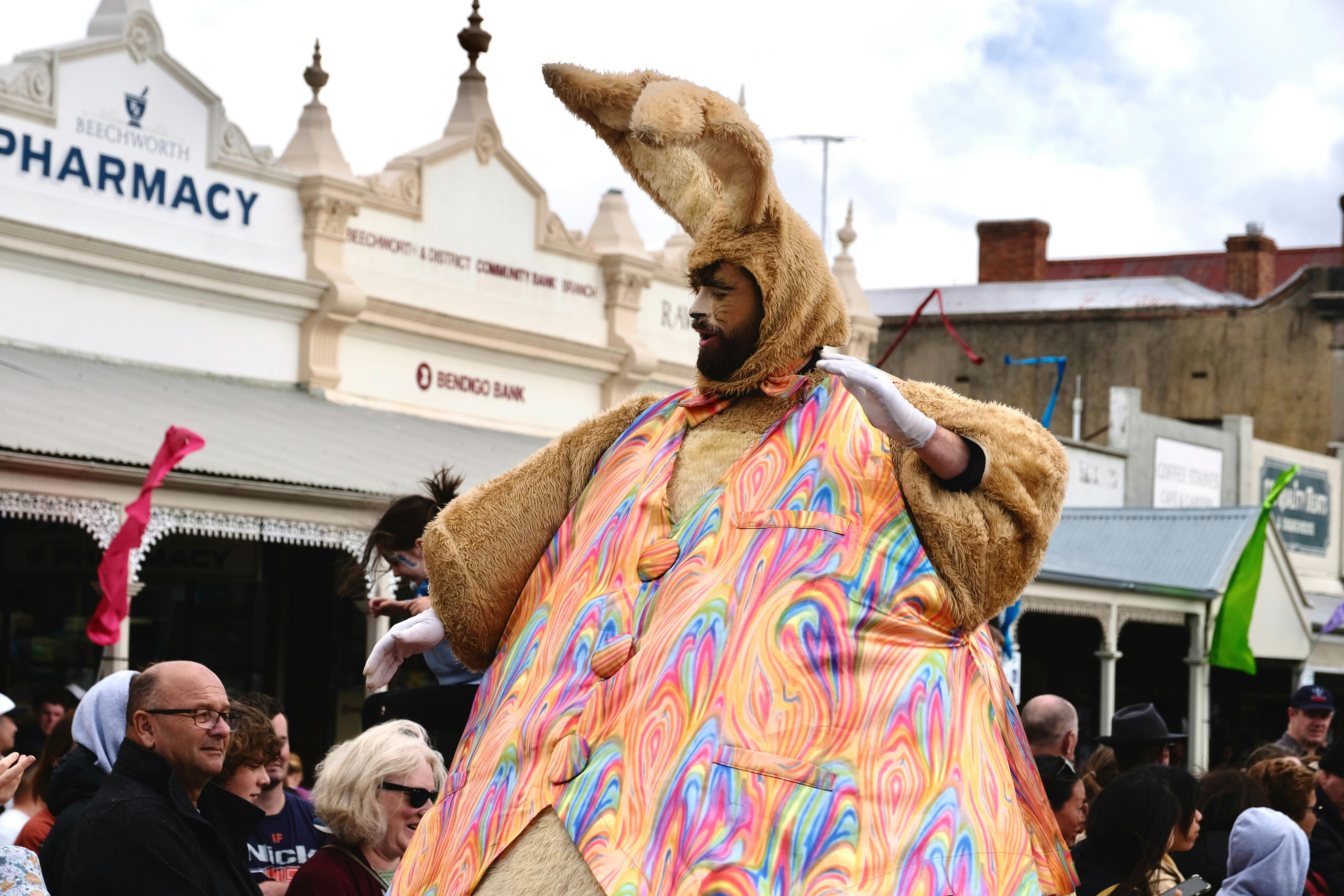 Larger than life Easter Rabbit stilt walker in Golden Horseshoes Parade