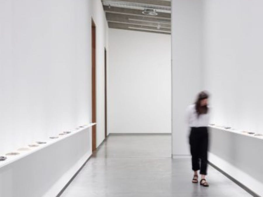 Blurred image of visitor in Art Museum looking at a sculpture