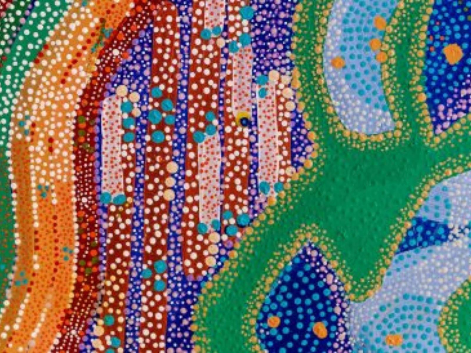Detail of Garlambirla Wajaarr by Josie Rose Flanders, showing layered dotted patterns bright colours