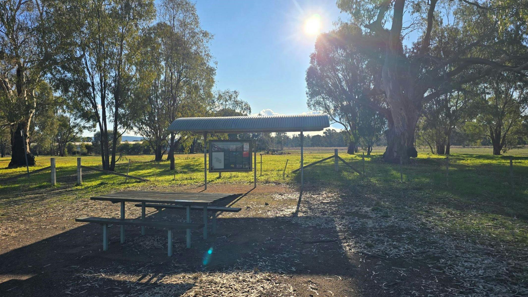 Blue sky with sun shining above notice board with tin roof. Picnic table and green grass