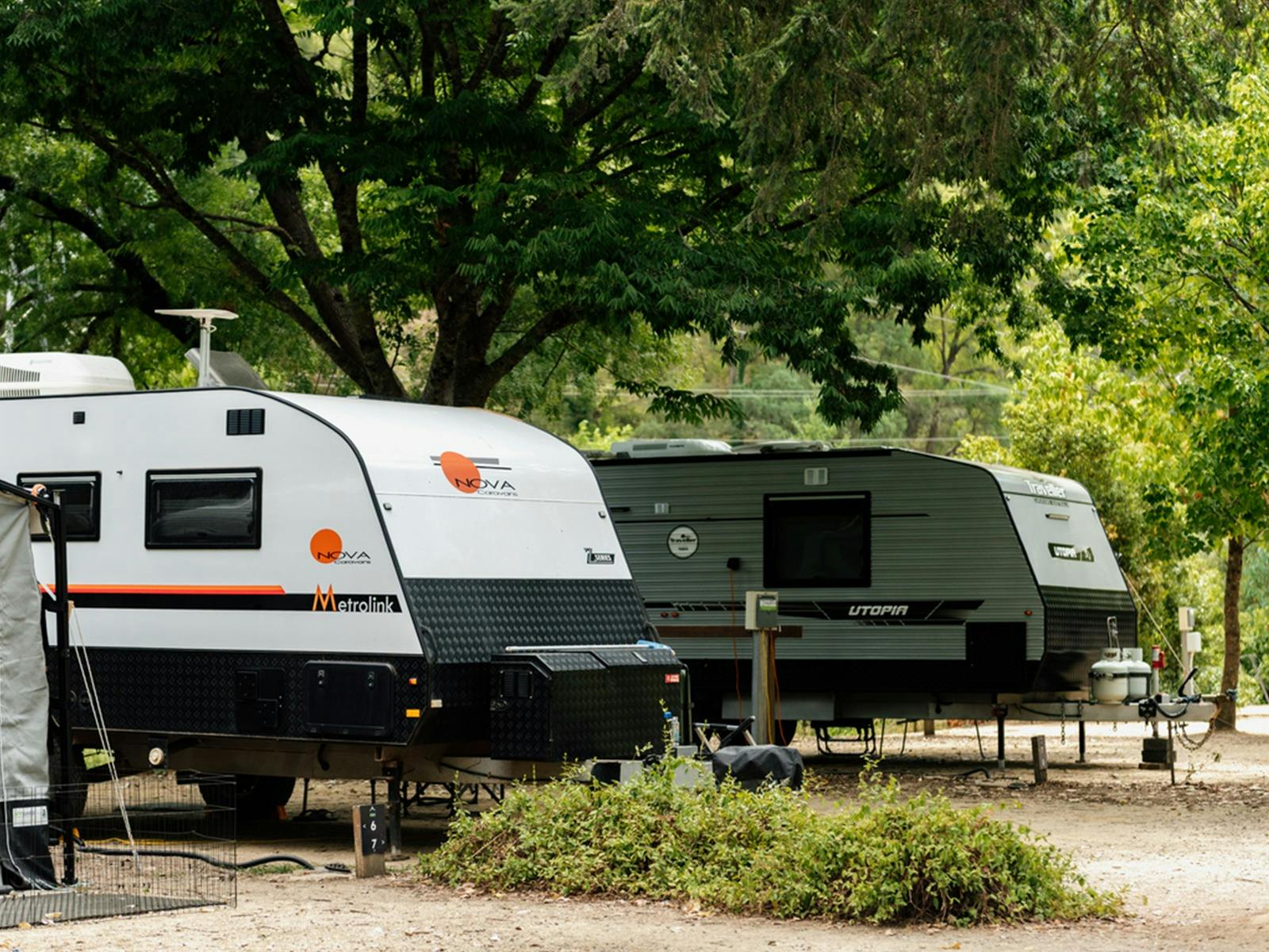A white camper parked in a site
