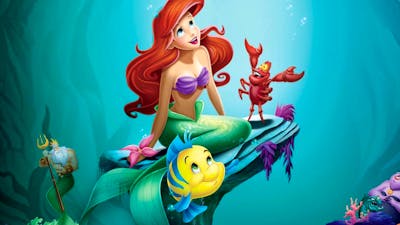 Animation of a mermaid under water with a crab and fish, all looking towards the sky