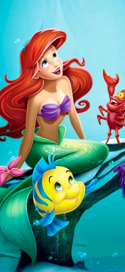 Animation of a mermaid under water with a crab and fish, all looking towards the sky