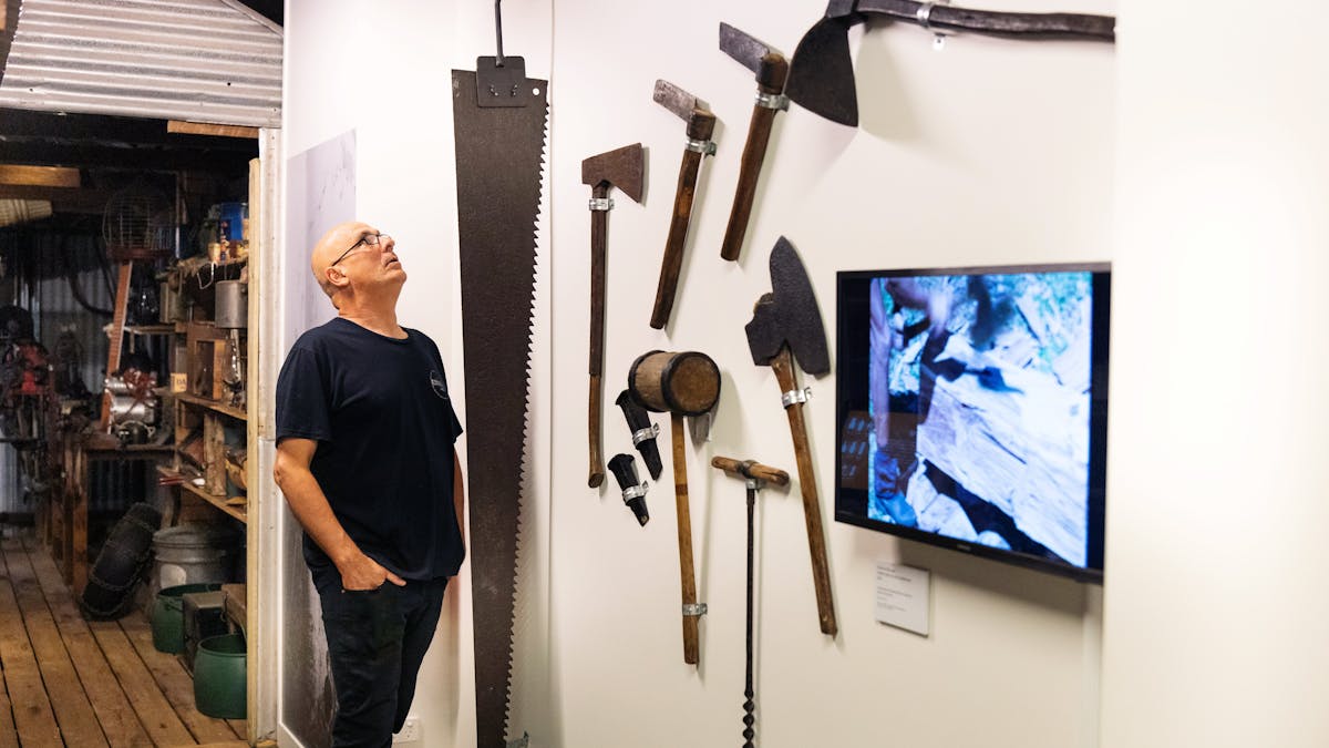 Man looking at a display as part of a The Shed exhibition