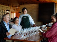 Four people sitting down with rows of wine glasses on the table between them with a person serving