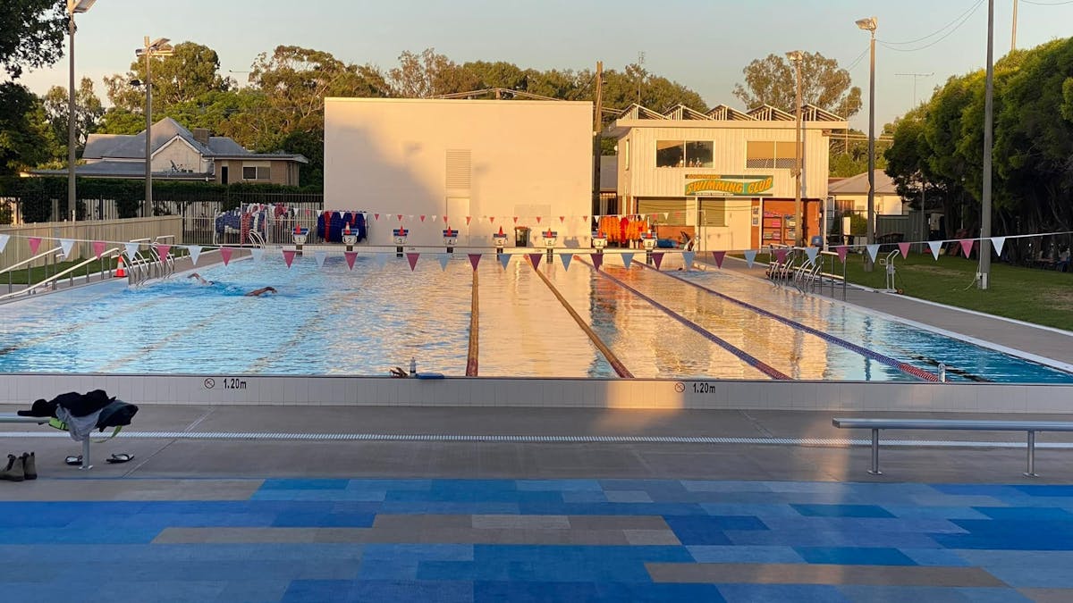 Sunrise at the new pool looking down lanes Sunrise at the new pool looking down lanes