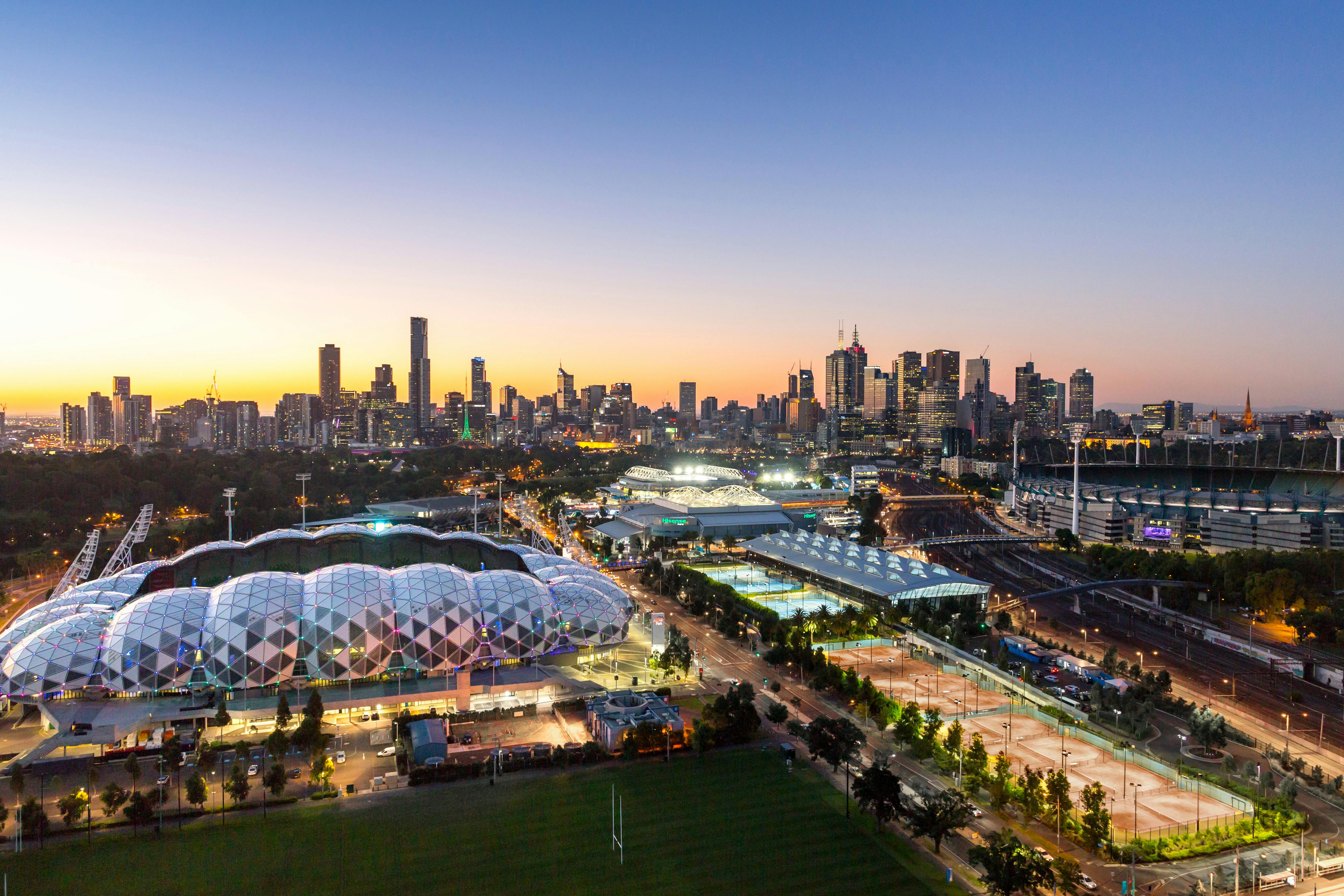 Melbourne sports precinct at sunset