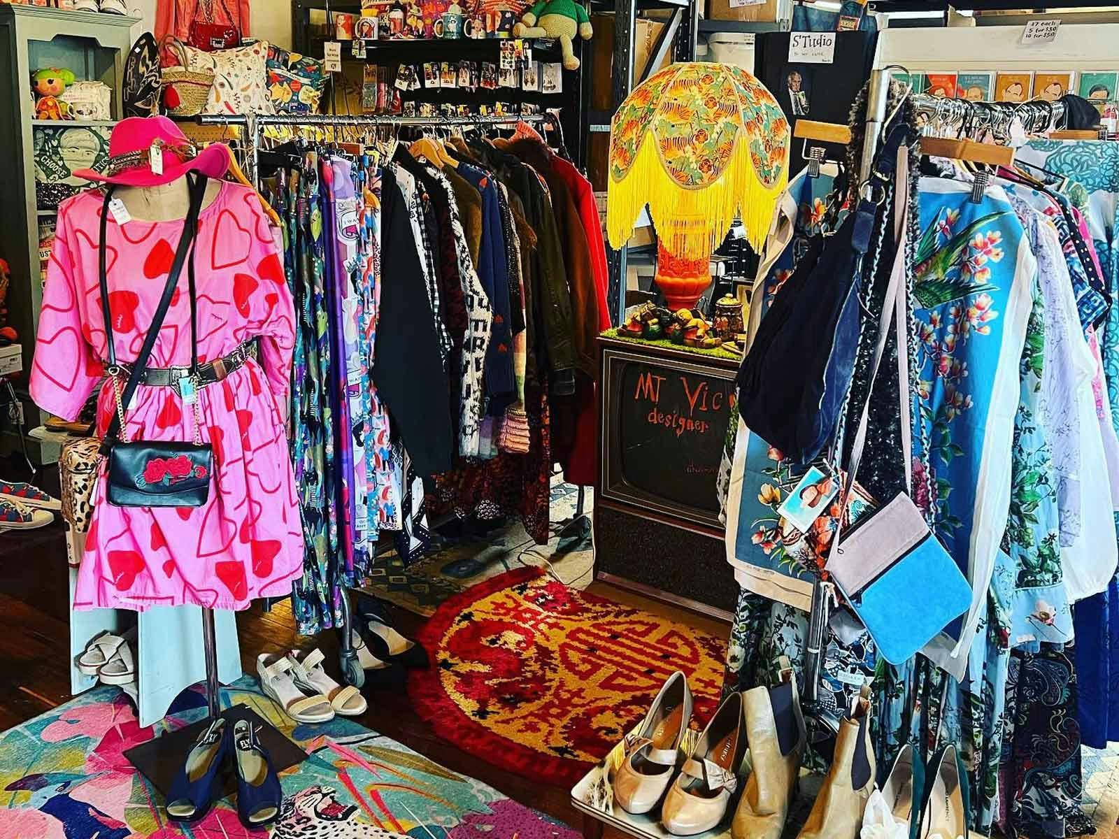 Rows of vintage clothing on racks