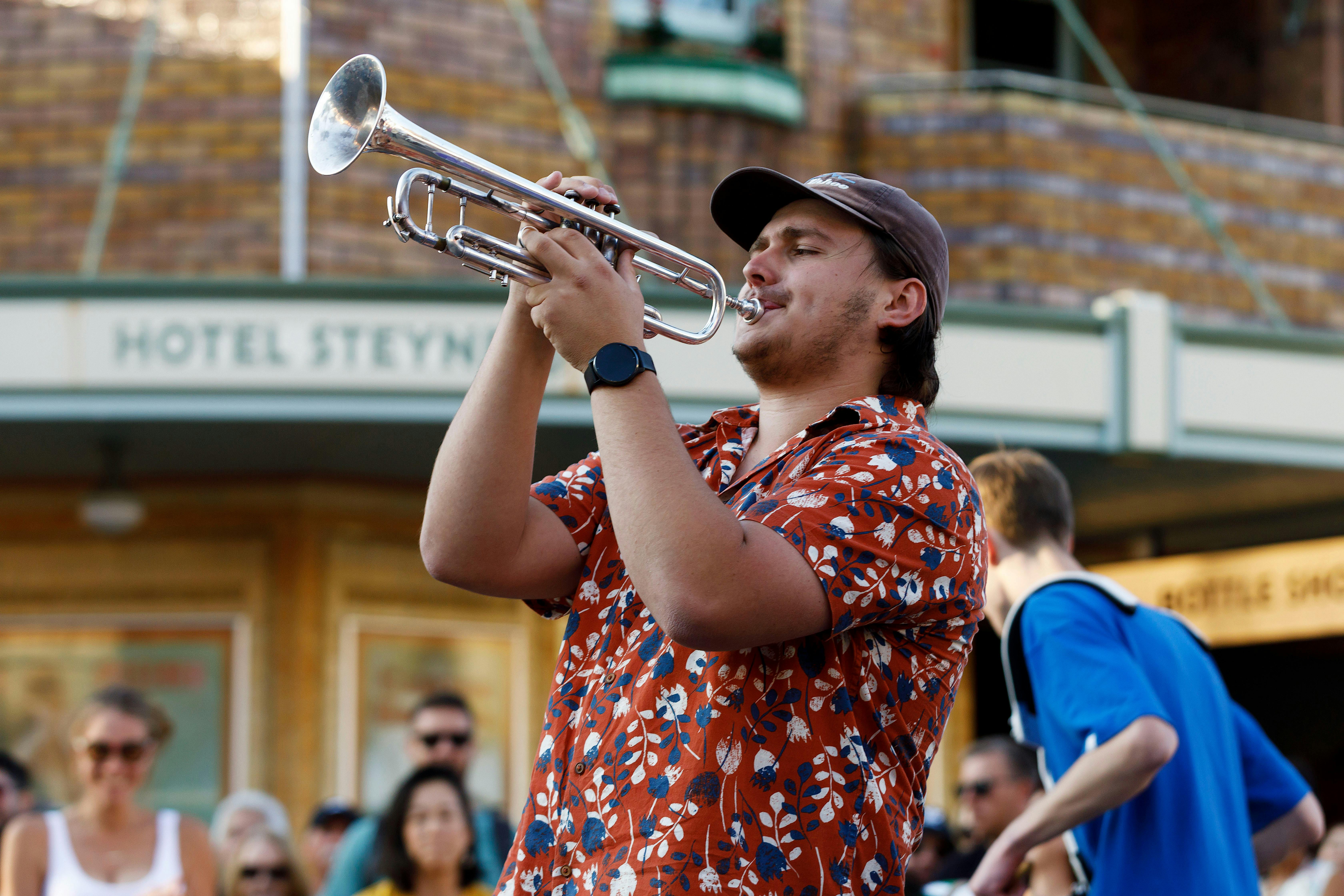 Performer plays trumpet at Manly Jazz
