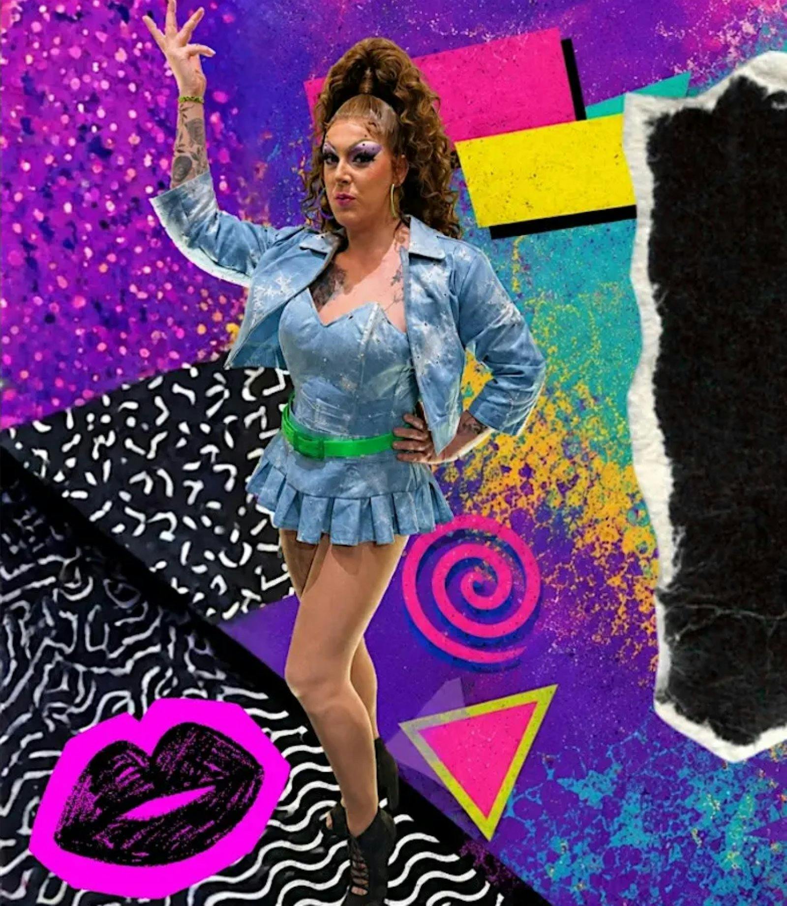 A Drag Queen posing with a hand up and other on hip against a bright purple patterned background.