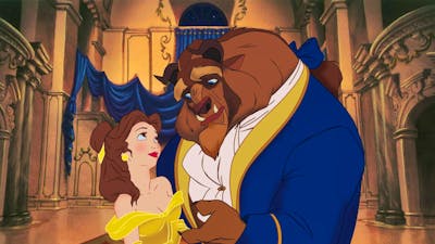 Animation of a young woman in yellow dress, dancing with a beast wearing a suit