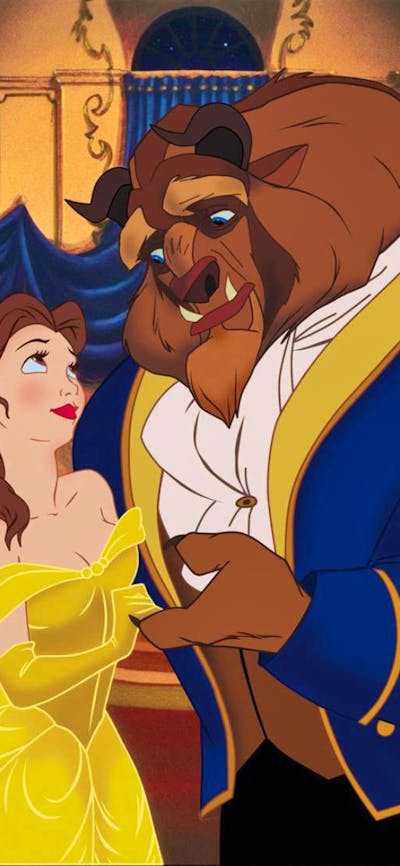Animation of a young woman in yellow dress, dancing with a beast wearing a suit