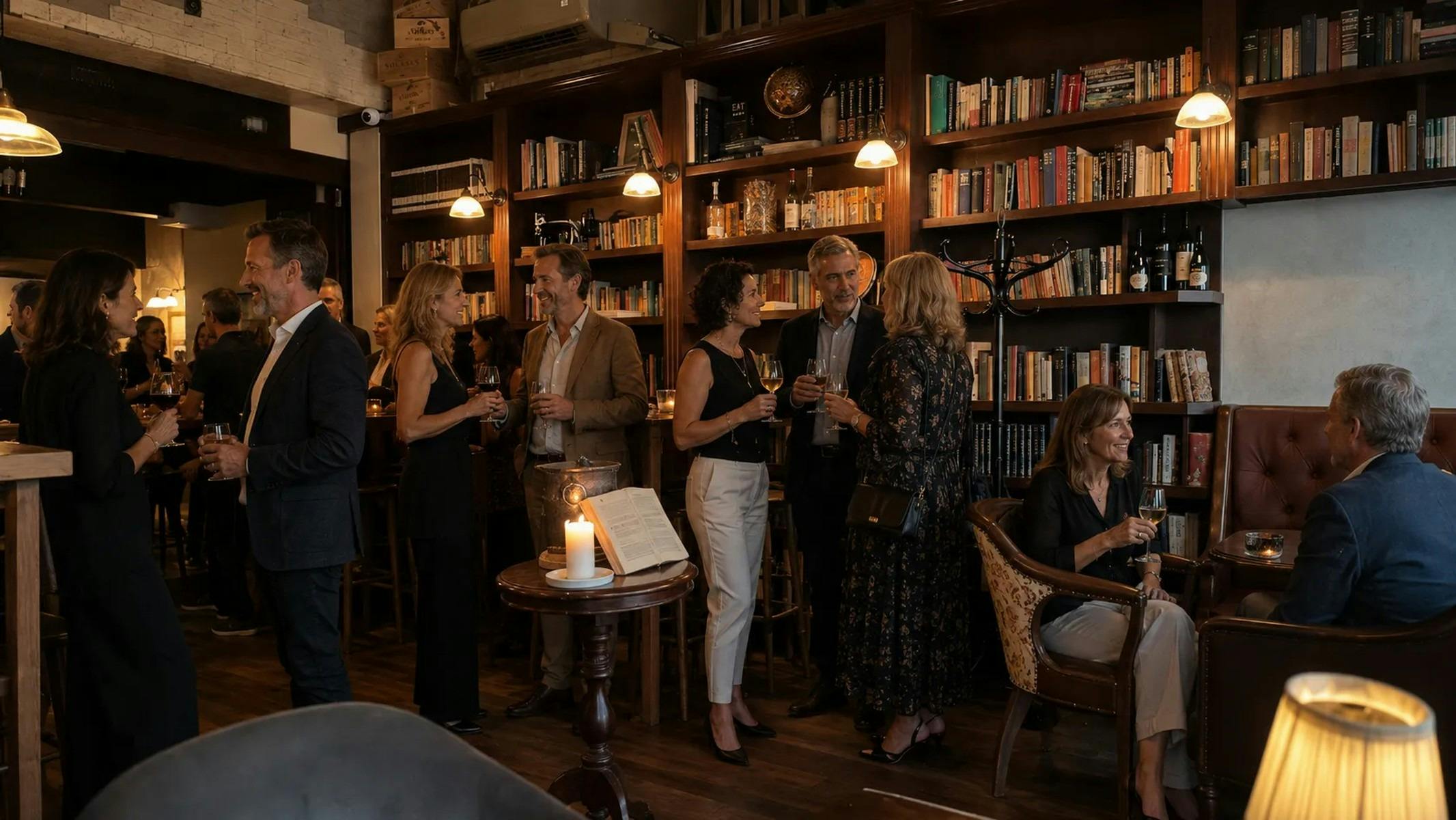 Guests mingling with wine at Henry G's Wine Parlour, an intimate low-lit wine bar in Manly