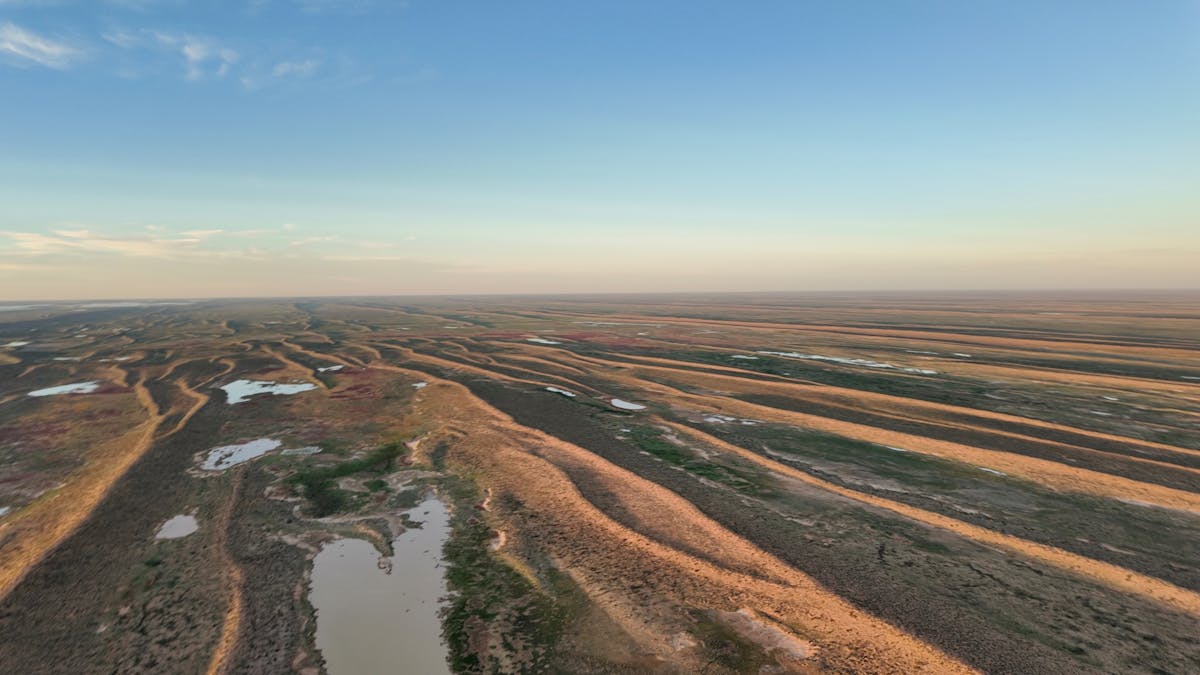 Aerial view of winding inland channels and floodplains across the arid landscape near Lake Eyre