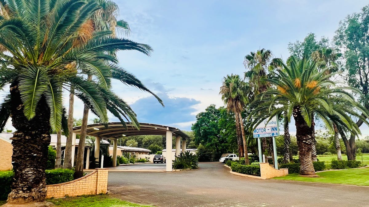 Resort style front entrance of property - driveway with palms along the edges and a large underpass