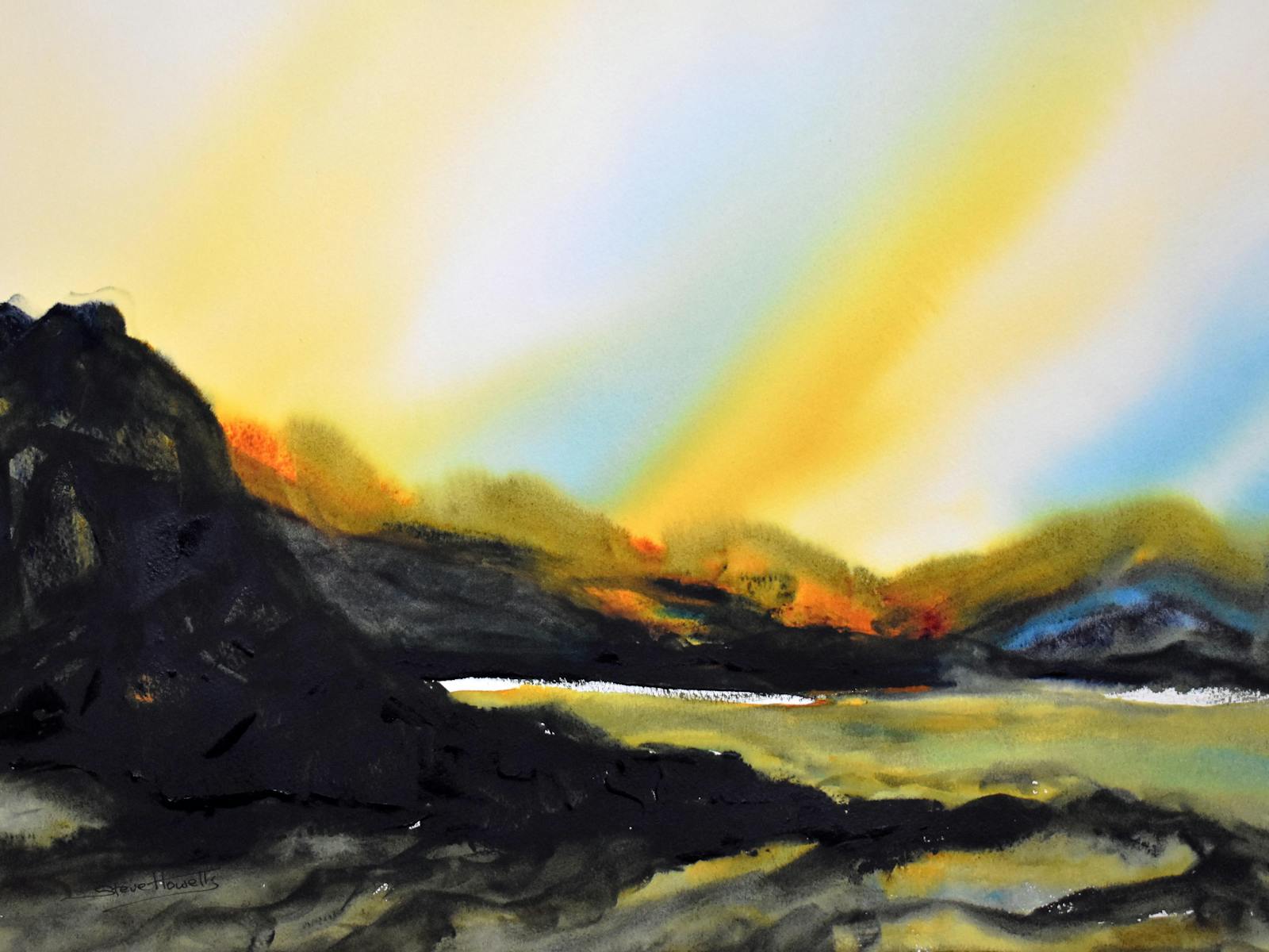 An atmospheric watercolour painting, in golden tones of Tasmania's highlands
