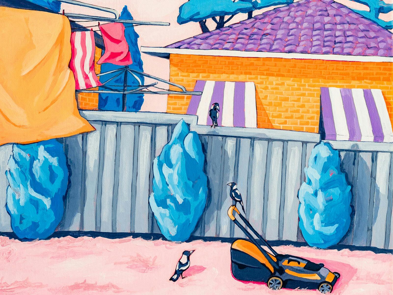 Farbenfrohes Gemälde eines Hinterhofs mit Wäscheleine, Rasenmäher und Elstern