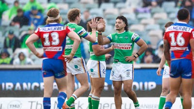 Canberra Raiders player Xavier Savage celebrating a try.