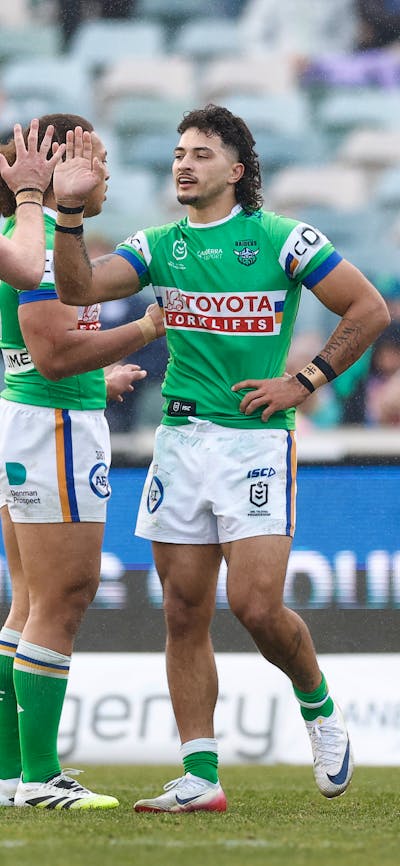 Canberra Raiders player Xavier Savage celebrating a try.