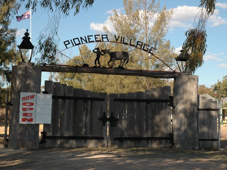 Wooden front gates of Pioneer Village