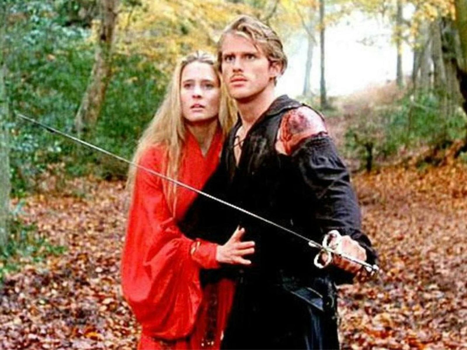 A man in black clothes with a sword and a woman in a red dress stand in a forest