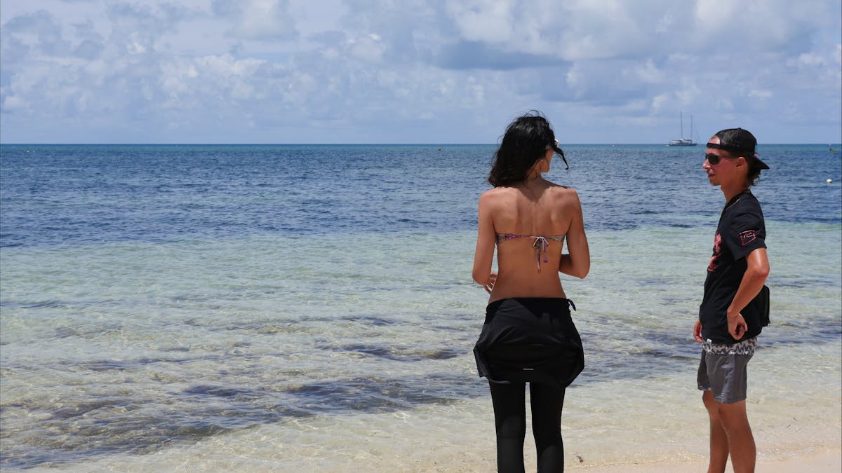 Guests on Green island beach with Ocean Free on its reef site one kilometre away