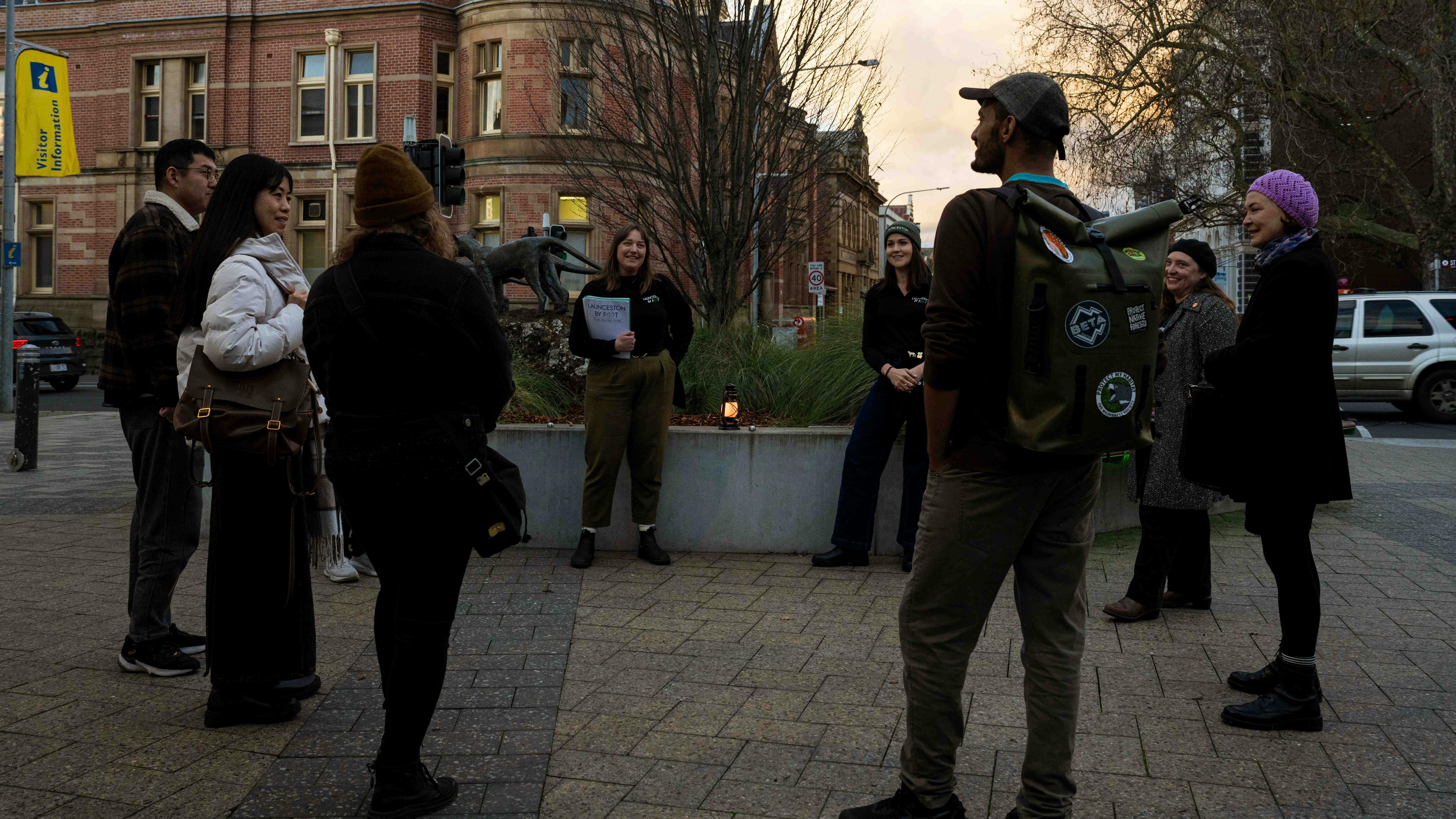 Guests gathered with Launceston By Foot guides in Civic Square at the beginning of a walking tour.