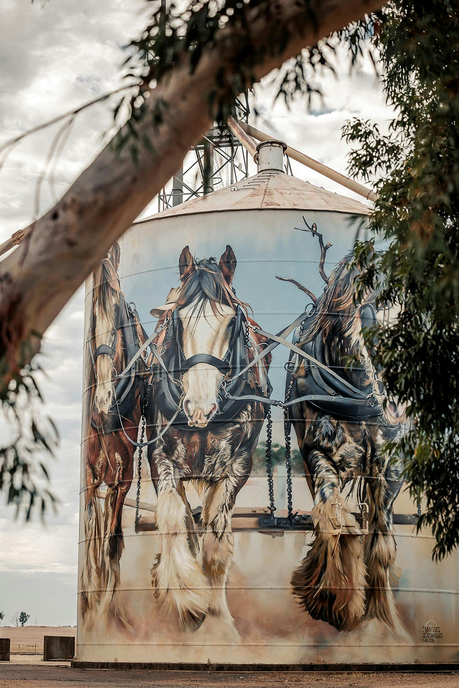 Three Clydesdales at Goormabat Silos painted by Dvate.