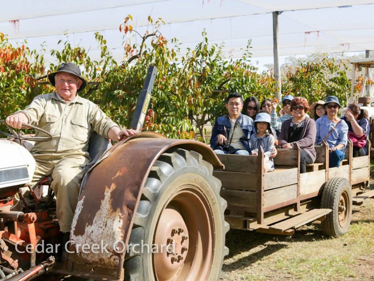 People posing for photo riding on a tractor