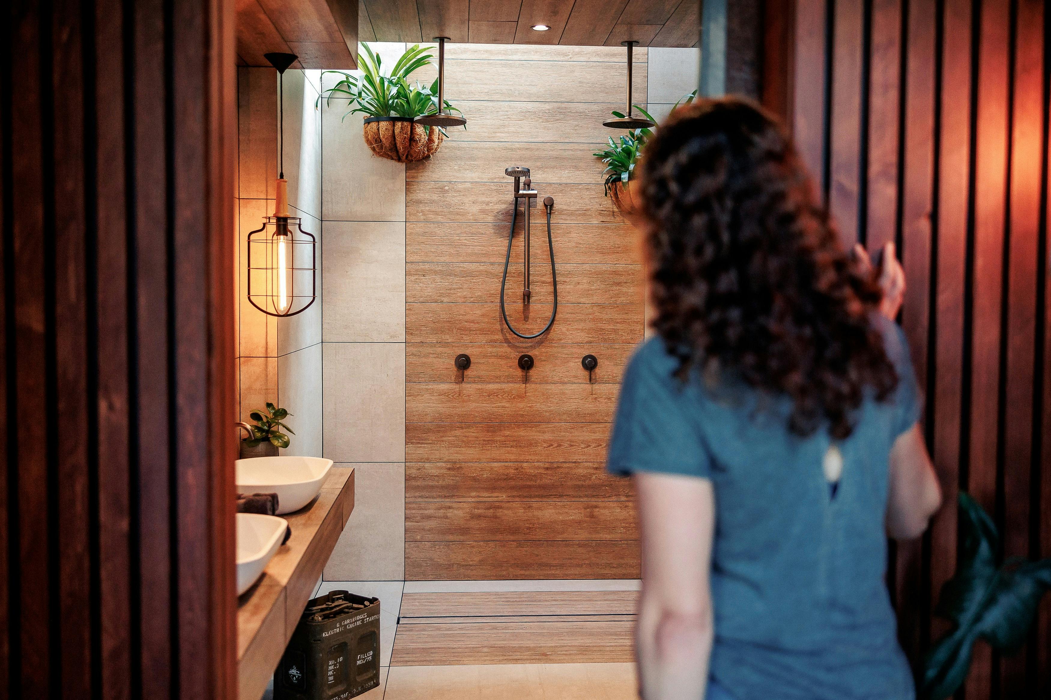 Admiring the luxurious bathroom at BullerRoo Luxury Farmstay  with top quality finishes